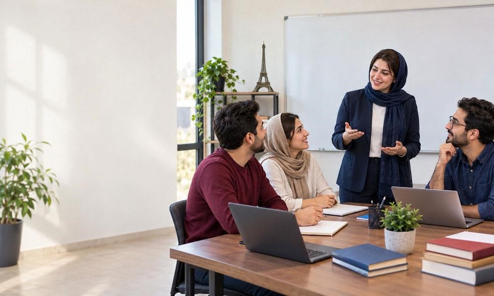 کلاس آموزش زبان فرانسه با حضور مدرس و زبانآموزان ایرانی در محیط آموزشی مدرن