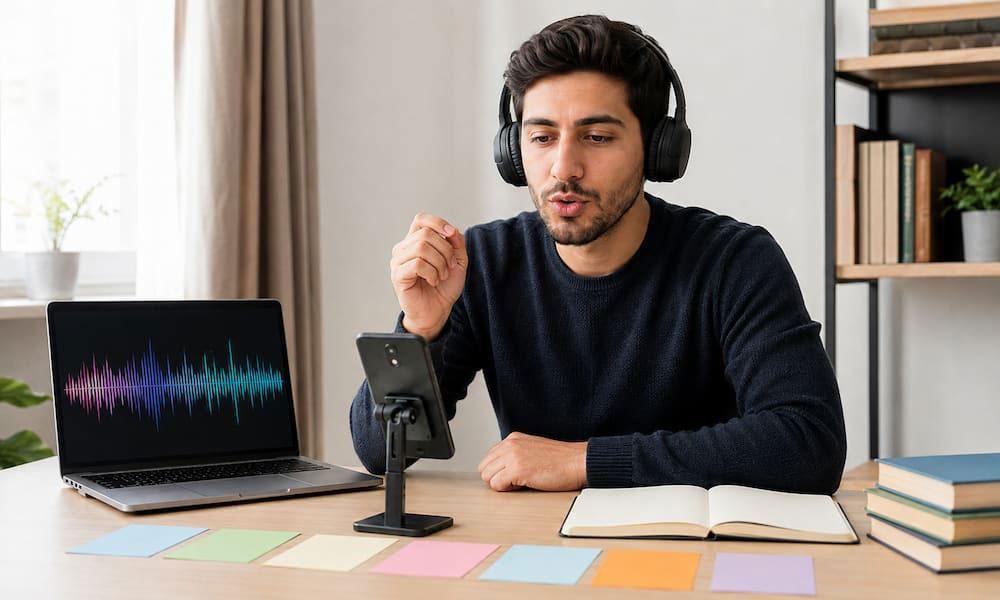 زبانآموز ایرانی در حال تمرین تلفظ روزهای هفته با هدفون و تلفن همراه