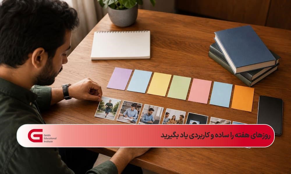 زبانآموز ایرانی در حال یادگیری روزهای هفته انگلیسی با هفت کارت رنگی