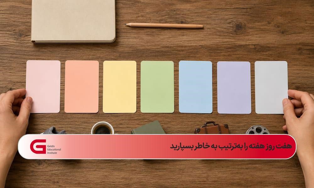 چیدمان هفت کارت رنگی برای یادگیری ترتیب روزهای هفته به انگلیسی