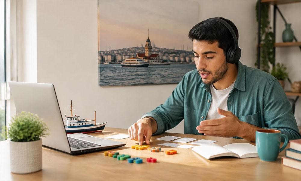 زبانآموز ایرانی در حال یادگیری اعداد ترکی استانبولی با مهرههای شمارش و تمرین شنیداری